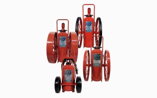 A collection of RedLine wheeled fire extinguishers from Ansul 