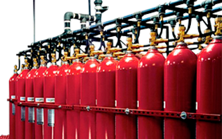 Rows of fire extinguishers arranged together