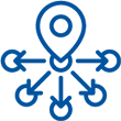 Blue line-illustration of a location pin icon, with arrows pointing to dots below