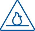 Blue line-illustration of a flame on a horizontal line, inside a triangle