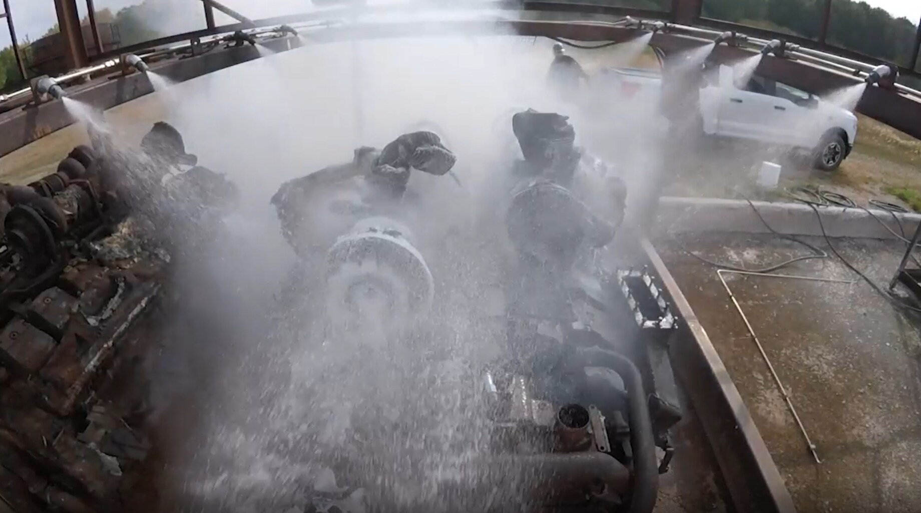 Vehicle spraying putting off the fire