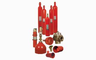 A set of high-pressure carbon dioxide fire suppression units from Ansul